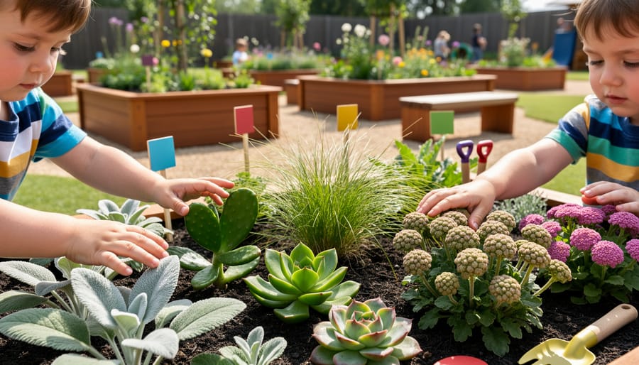 Toddler hands touching textured lamb's ear plant leaves in sensory garden