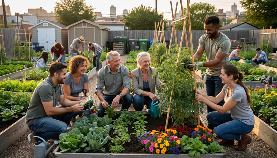 Diverse group of people working together planting and tending vegetables in community garden