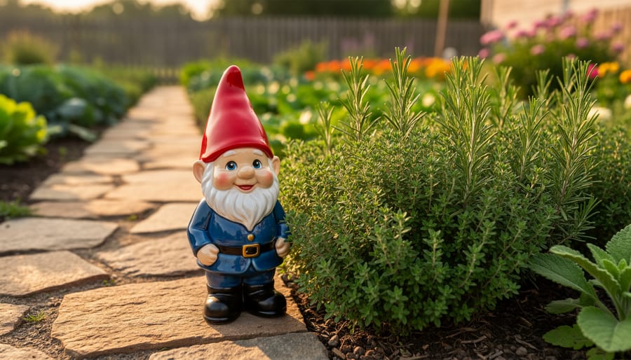 Close-up of a red-hatted ceramic garden gnome beside a thyme and rosemary herb bed along a stone path at sunset, with blurred vegetable rows, flowers, and a wooden fence in the background.