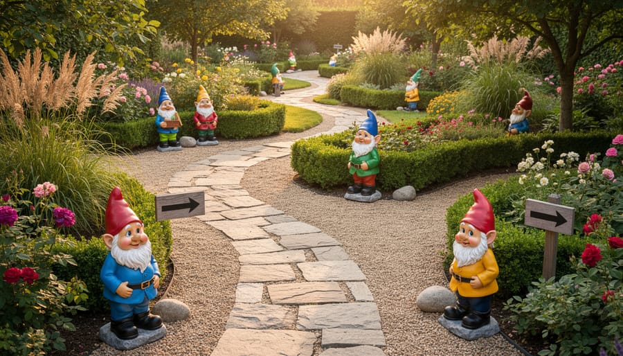 Garden gnome positioned along stone pathway with colorful flower borders in landscaped garden