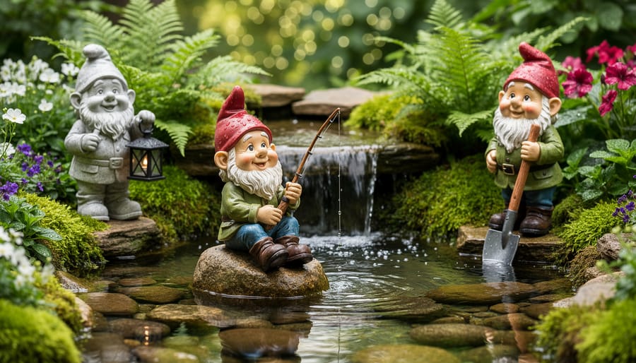 Garden gnome with fishing rod positioned at edge of pond with lily pads and water plants