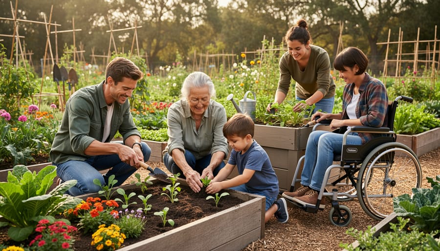 Elderly woman teaching young child to plant seedlings in community garden while family watches