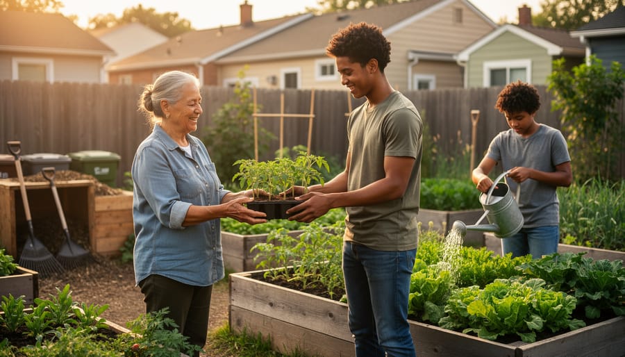 Diverse neighbors collaborate in a community garden at golden hour; an older woman hands tomato seedlings to a young man while a teen waters raised beds, with compost bins and shared tools softly visible in the background.