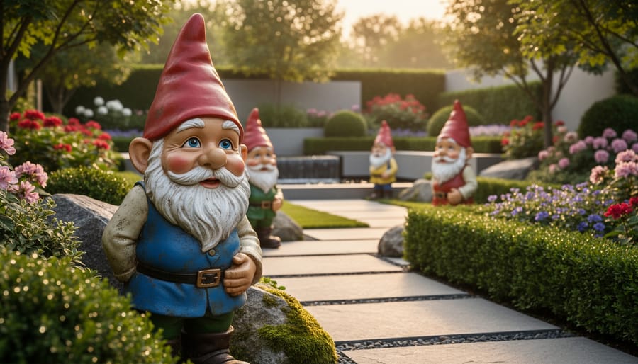 Traditional red-hatted garden gnome with white beard positioned among green plants in garden setting