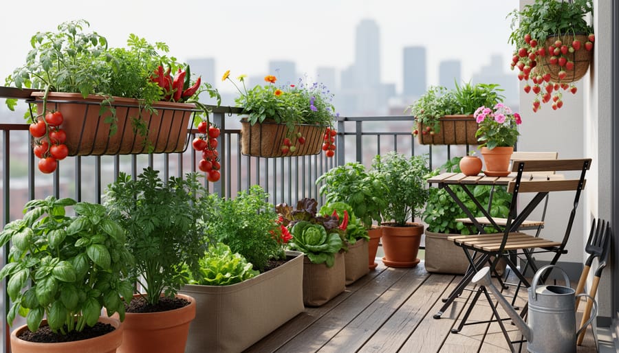 Mixed herb and leafy greens growing in containers on a balcony with a watering can nearby