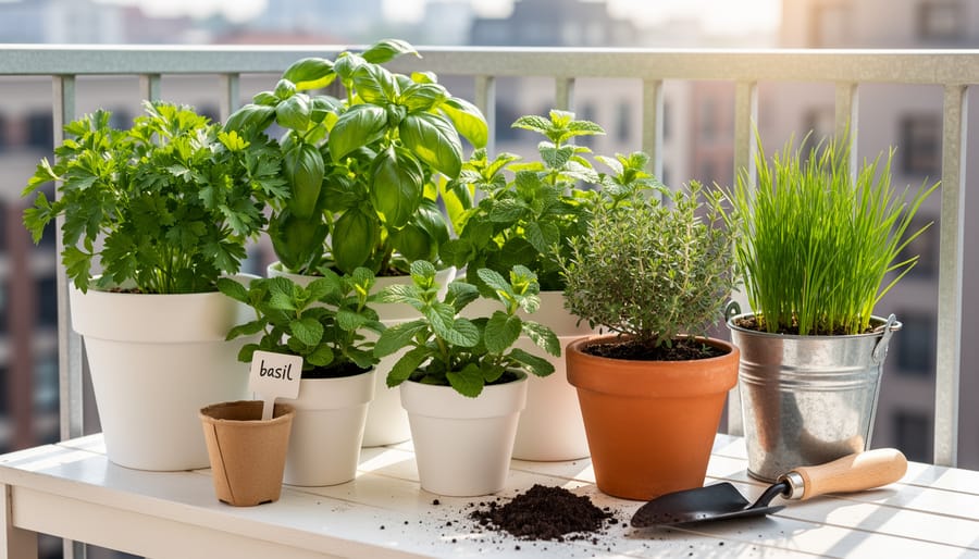 A sunny balcony with several pots of beginner herbs including basil, parsley, chives, and thyme next to a small watering can