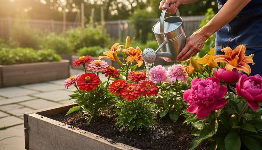A beginner gardener watering blooming zinnias and daylilies in a raised garden bed outdoors.