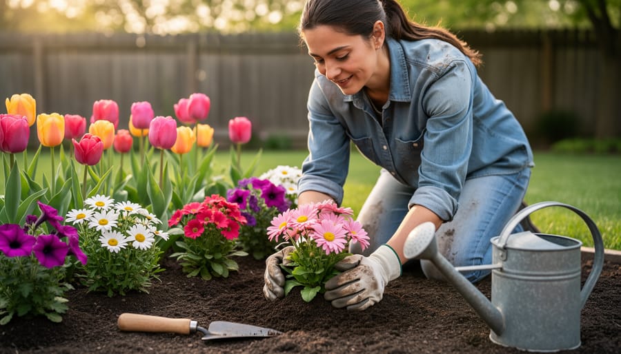 A beginner gardener watering blooming daylilies and peonies in a raised garden bed.