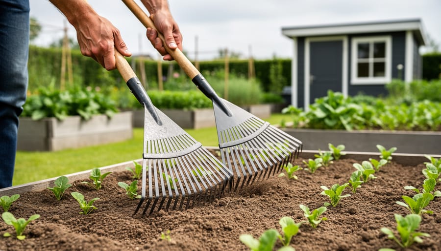 Gardener holding bow and leaf gardening rakes above a vegetable garden bed with soil and raised beds in the background.