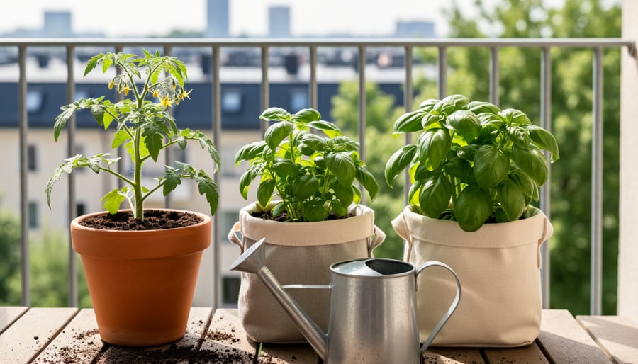 Thriving tomato and basil plants growing in three drainage-holed containers on a sunny apartment balcony with a watering can nearby.