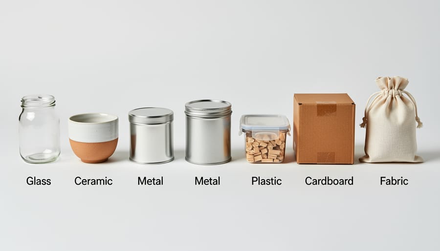 Assorted container materials, terracotta, plastic, fabric grow bag, and ceramic, with small seedlings in soil