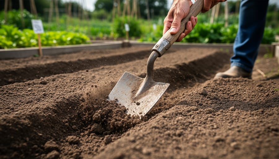 Gardener holding a draw hoe above freshly loosened soil in a vegetable garden bed