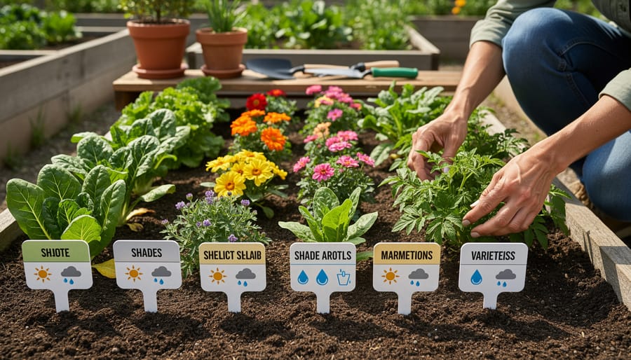 Gardener holding plant tags beside a raised garden bed with flowering plants