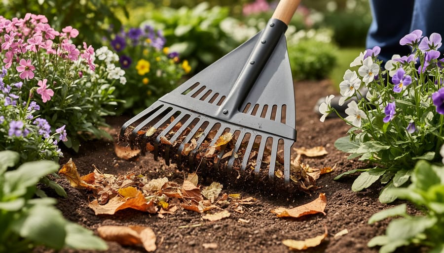 Gardener raking dry leaves and thatch from a lawn using a garden rake.