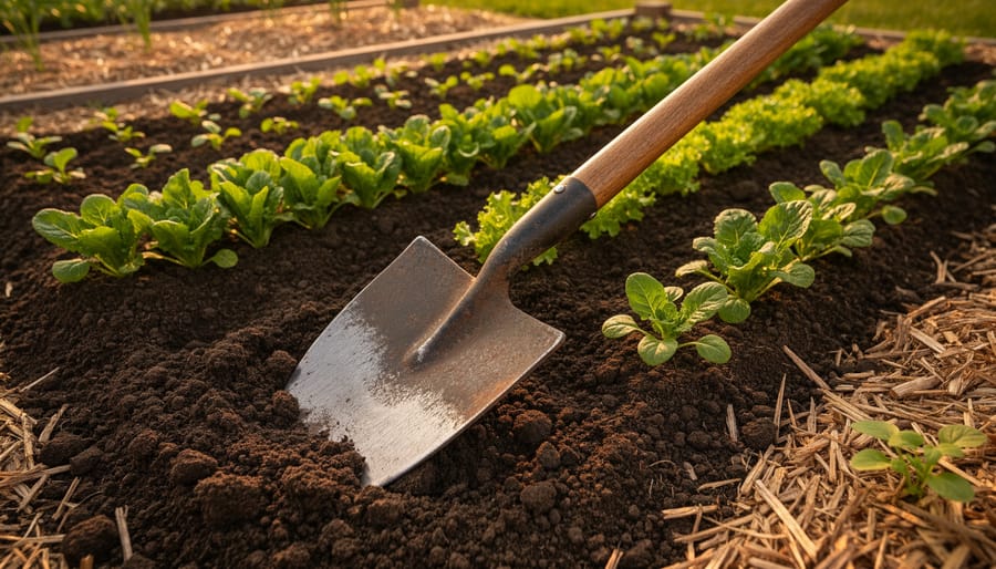 Vintage Warren gardening hoe placed on freshly weeded vegetable garden beds with soil and green plants in the background.