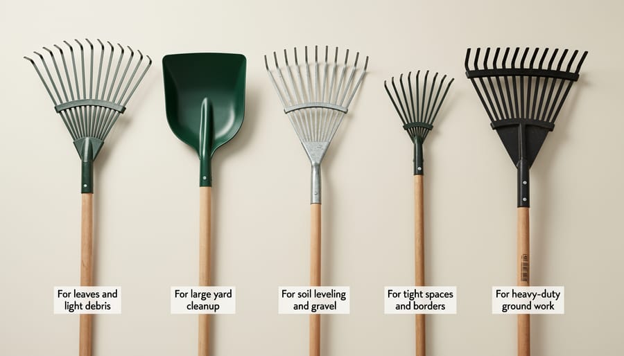 Multiple types of gardening rakes laid on a workbench, showing different tine and head styles.