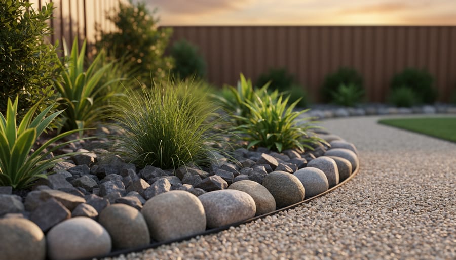 River rocks and pea gravel used as edging and mulch in a modern garden bed with green plants growing between stones.