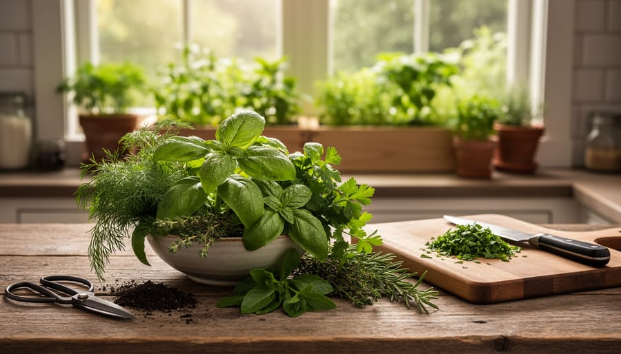 Freshly cut basil and thyme sprigs on a kitchen cutting board with a knife and a small jar of herbs