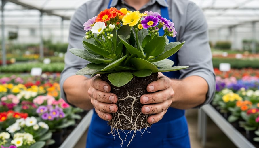 Close-up of a nursery pot’s root ball and soil being examined by a gardener’s hand.