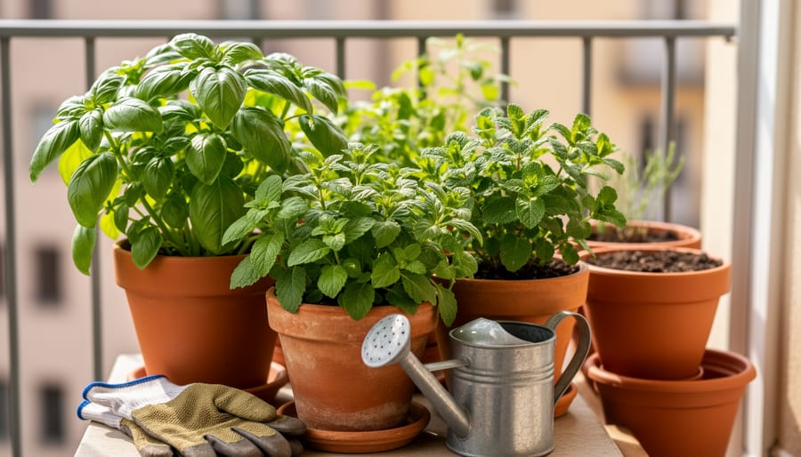 Fresh basil and mint growing in small mismatched containers on a sunny apartment balcony, with a watering can and gardening glove nearby.