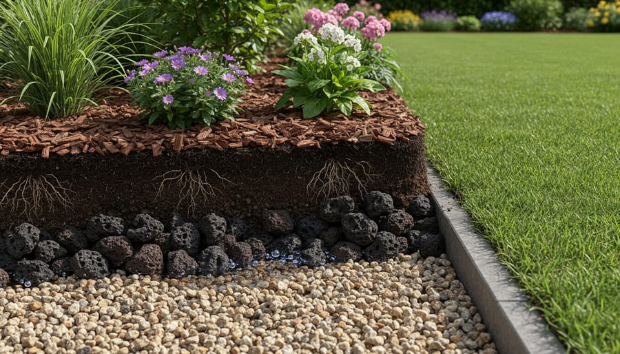 Gardener’s hands adding lava rock and pea gravel to a raised garden bed at golden hour