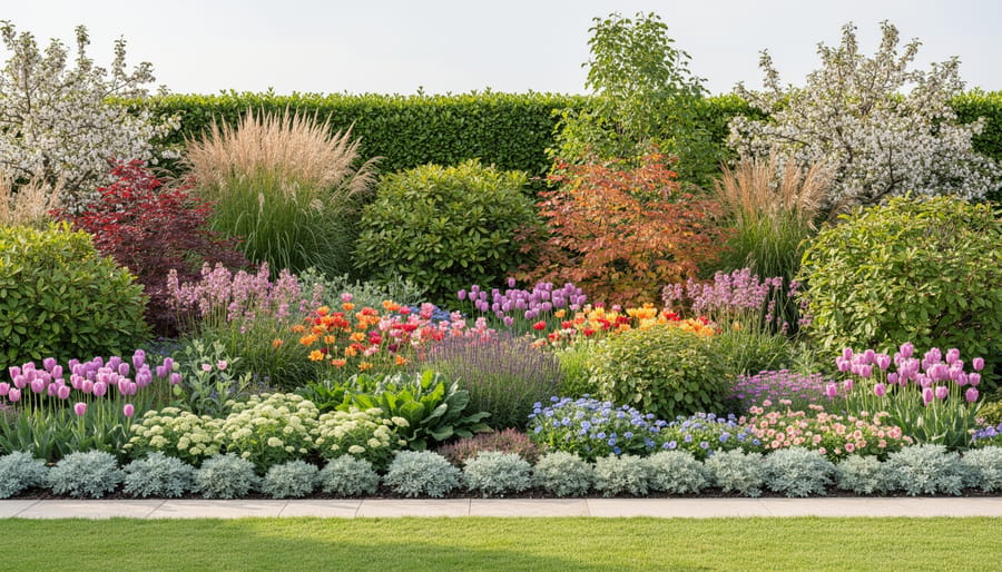A colorful cottage-style flower border with layered blooms across the seasons.