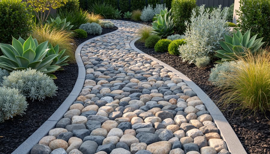 River rocks and crushed granite pathway bordered by drought-tolerant plants in a modern yard