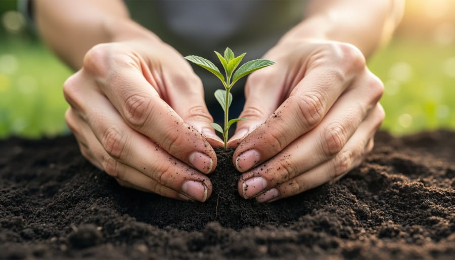 Close-up of a person’s hands placing a small herb seedling into dark potting soil inside a pot