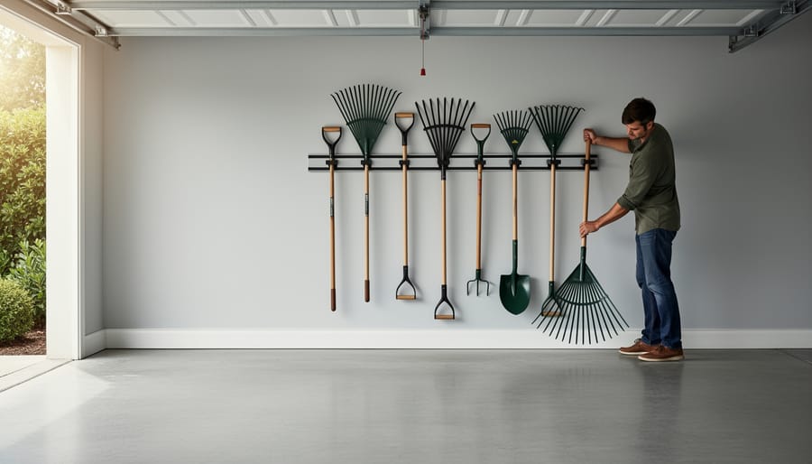 Gardening rakes stored neatly in a garage or shed with visible handles and head shapes.