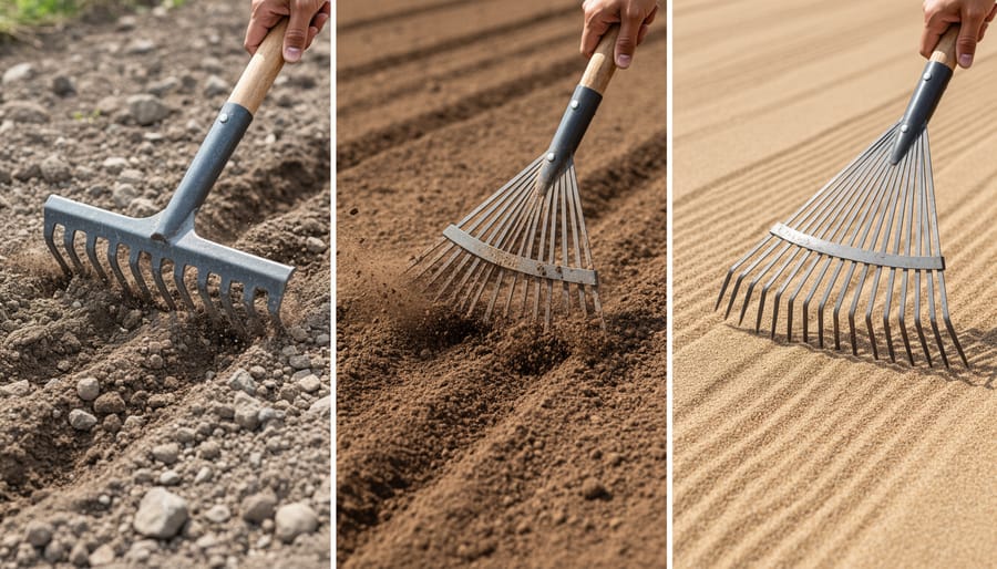 Garden rake resting in trays of heavy clay, sandy soil, and loamy soil showing distinct textures.