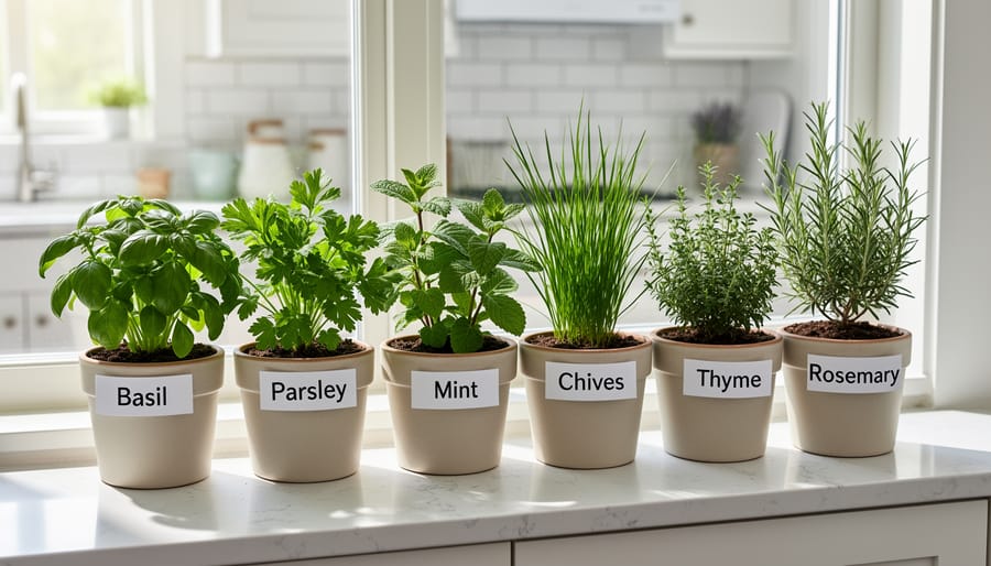 Top-down view of basil, mint, parsley, chives, rosemary, and thyme in small pots on a kitchen windowsill