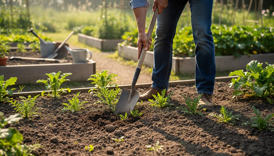 Gardener using a stirrup hoe to chop weeds in a raised vegetable bed during golden hour