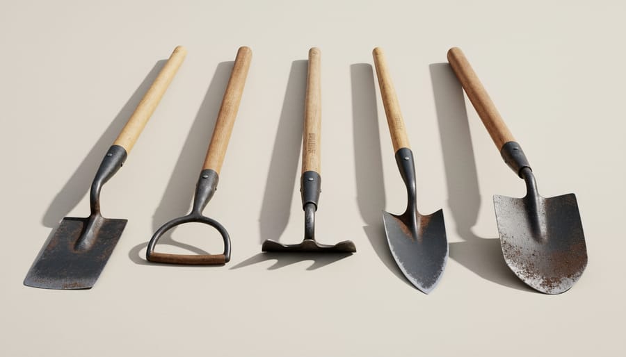 Three types of gardening hoes displayed on a garden bench with a blurred greenhouse background