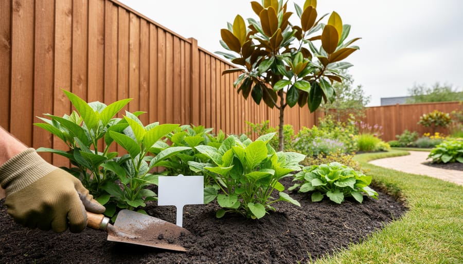 “Gardener’s hand holding a plant tag next to a trowel with a magnolia sapling and hardy perennials growing in a backyard garden.”