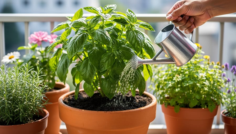 Watering a healthy container plant with droplets visible near the soil surface