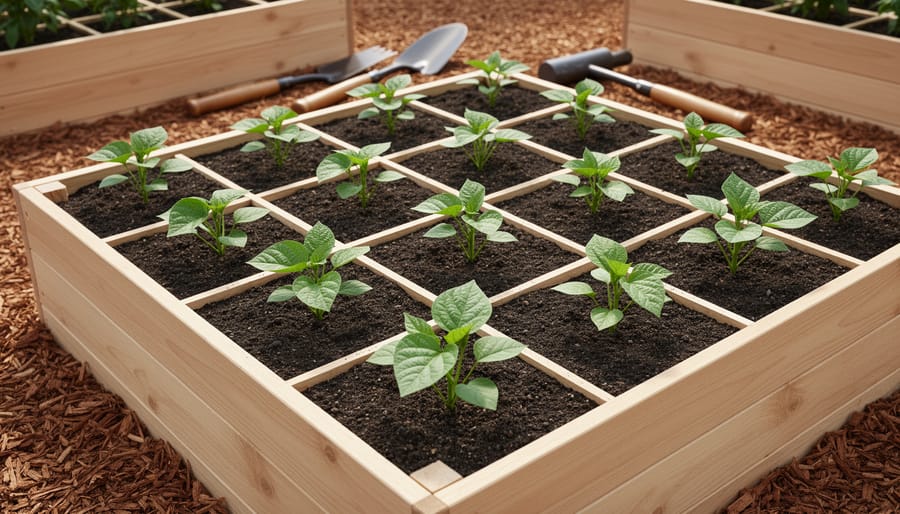 “Bush bean plants growing in a raised square foot garden bed with evenly arranged seedlings and rich soil, photographed from an elevated 45-degree angle.”