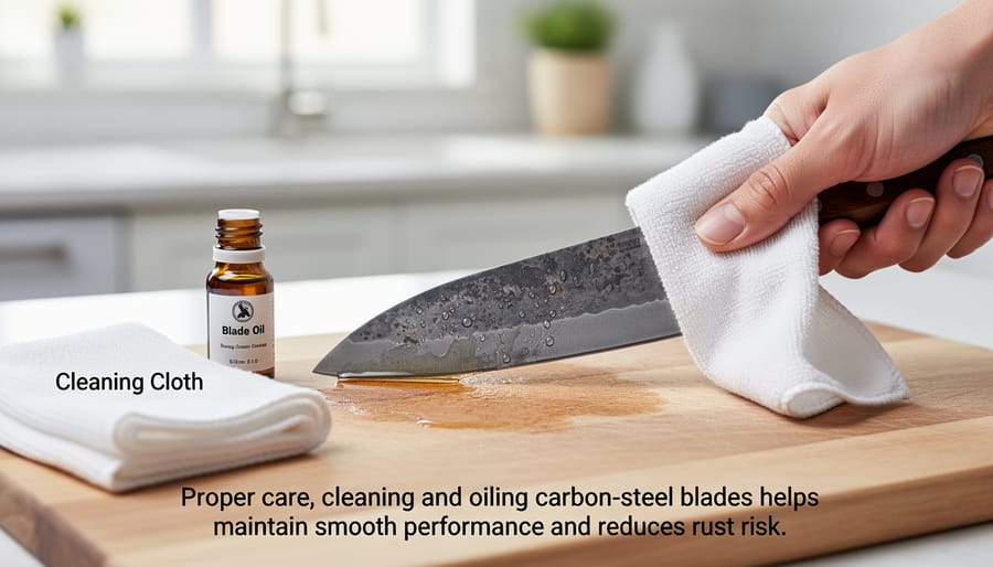 Close-up of a gardener wiping and oiling a carbon-steel Japanese gardening tool blade