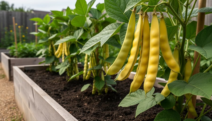 Close wide view of healthy bush bean plants with visible pods growing in a raised garden bed