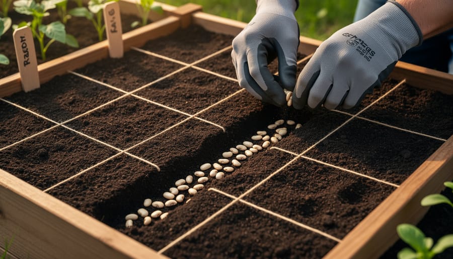 Gardener hands sowing bush bean seeds into dark soil in a square-foot garden bed
