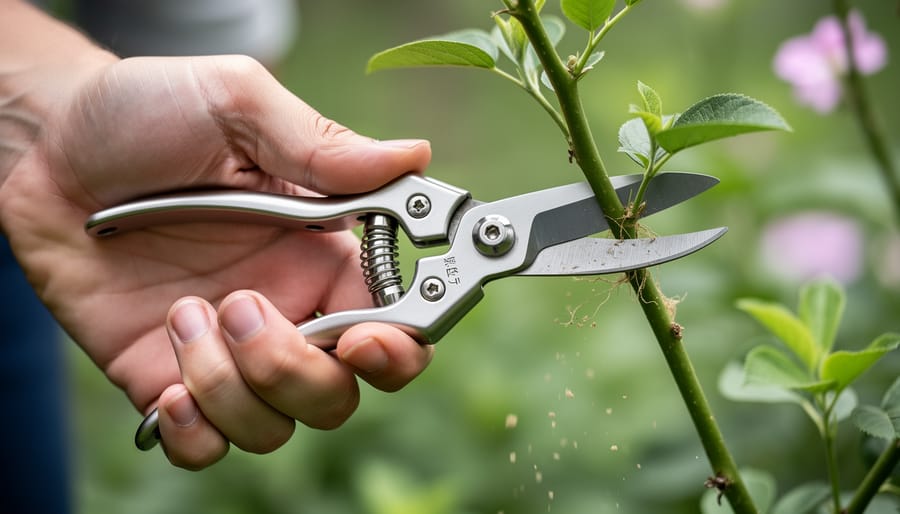 Gardener’s hands using Japanese pruning shears to carefully trim a flowering shrub branch