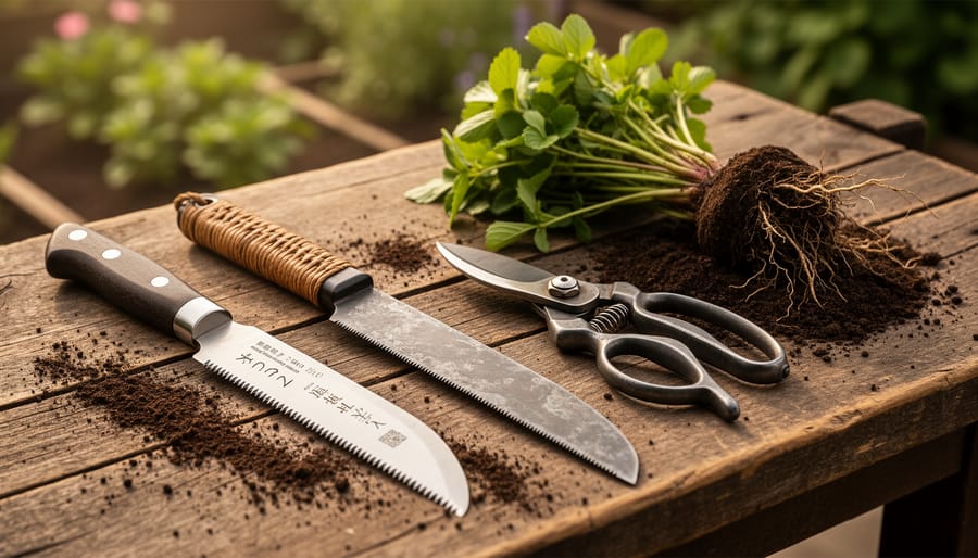 Japanese gardening tools—hori hori knife, pull saw, and pruning shears—laid on a wooden workbench with soil and perennial plants in soft natural light.