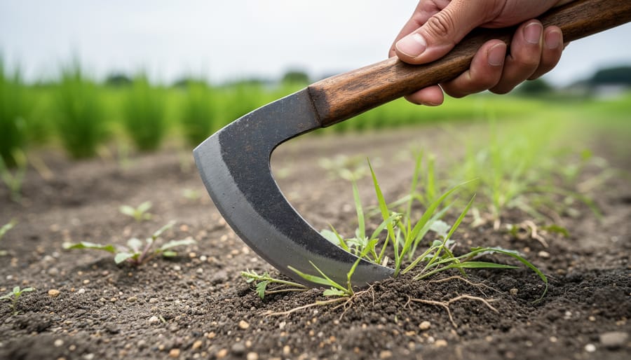 Japanese kama sickle lying in a vegetable garden bed with soil and greenery in the background