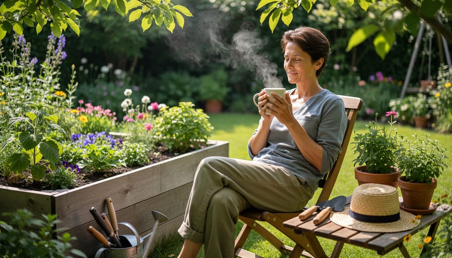 Person relaxing in a garden with a watering can and a mug