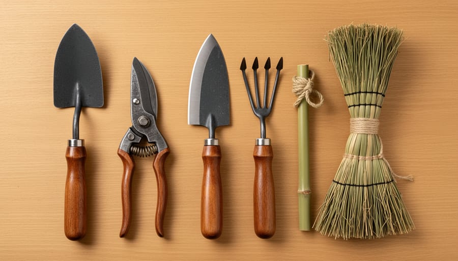 Pruning shears, a kama sickle, and a Japanese pull saw arranged on a wooden workbench in natural light