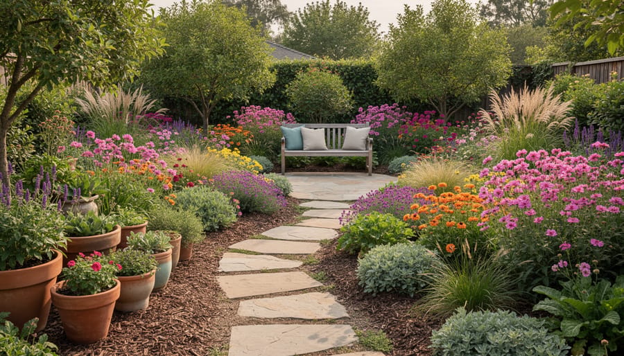 Sunlit container garden with flowering plants in a backyard