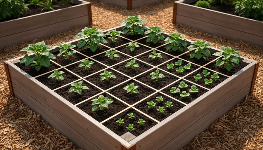 Top-down view of a square-foot garden raised bed with a grid and bush bean seedlings growing at different densities