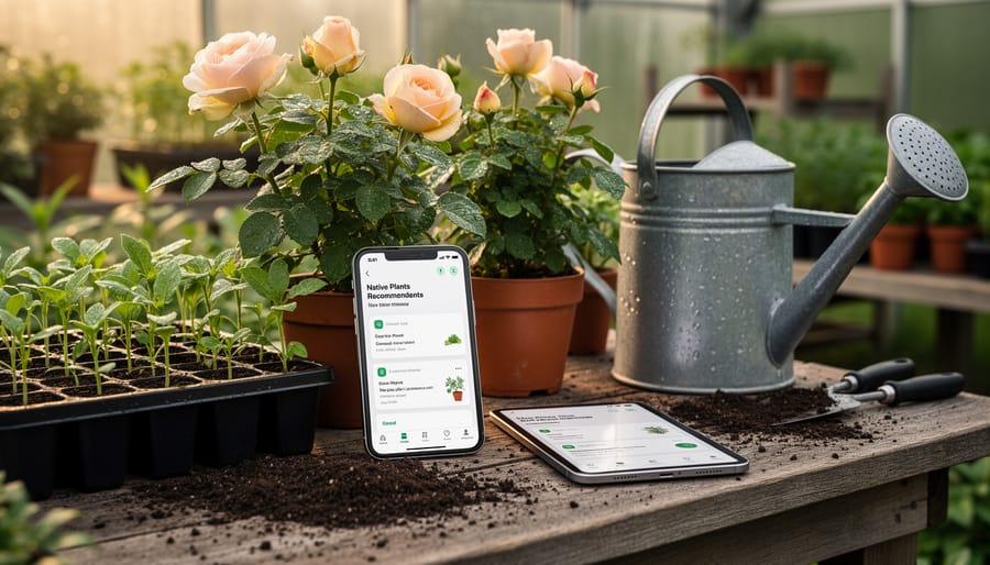 A nursery workbench with potted roses and gardening tools beside a glowing smartphone and tablet representing AI-powered customer recommendations.