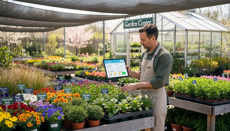 Garden center owner sorting seed packets and potted plants on a counter