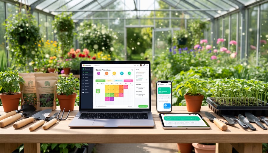 Laptop and smartphone on a greenhouse workbench near potted plants and tools
