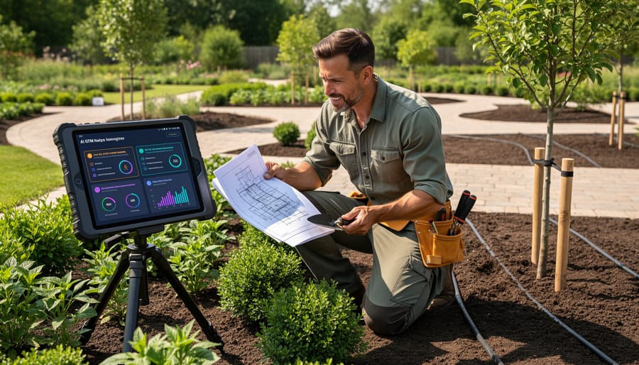 Landscape designer kneeling in a mulched garden bed holding a moisture meter and tablet